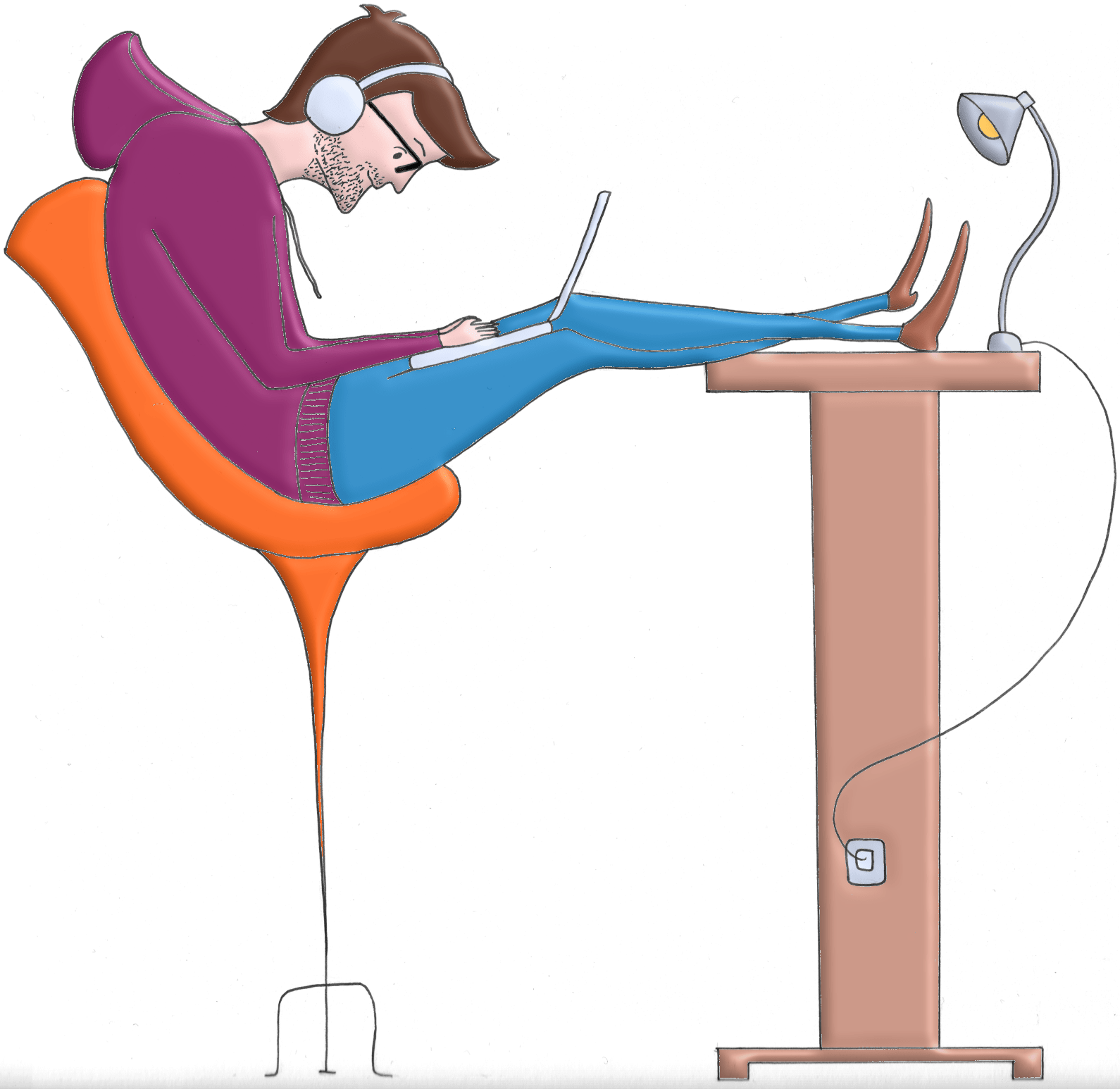 Drawing of a man working on a pc with feet on the table