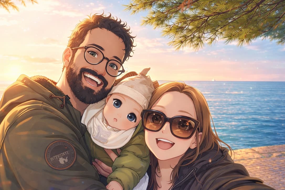 Family illustration in anime style