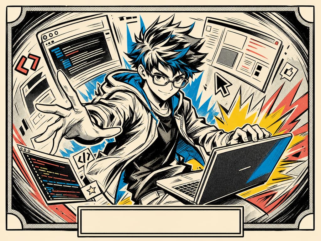 Anime-style developer coding at a laptop surrounded by interface panels